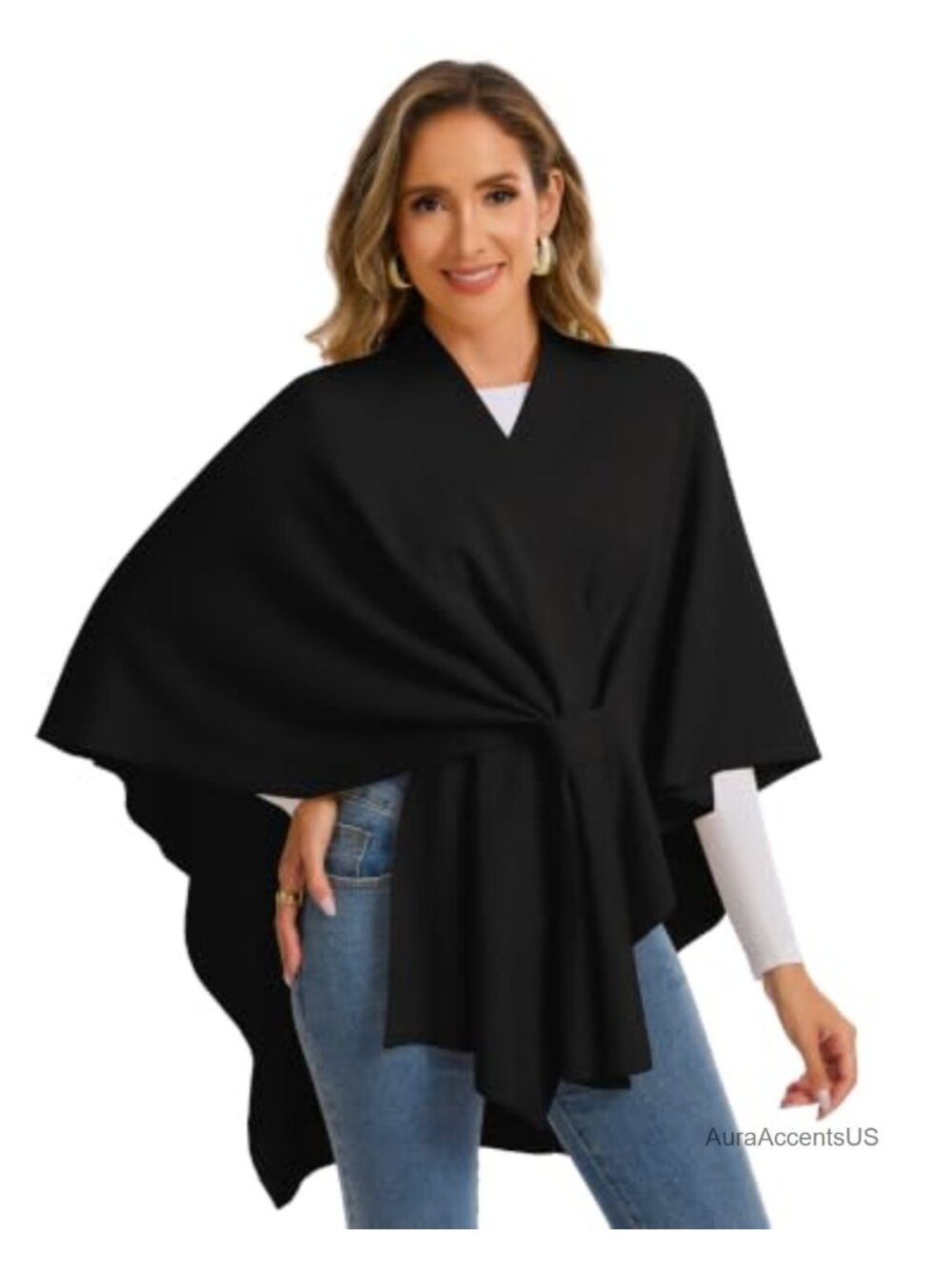 Cashmere Blend Open Front Poncho Sweater Knit Shawl Wrap Women